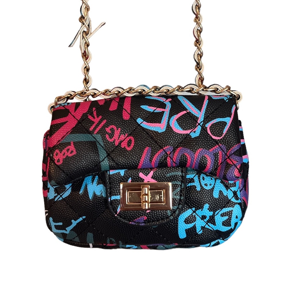 Bam Forever Graffiti Print Quilted Faux Leather Mini Clutch with Gold Hand Bag